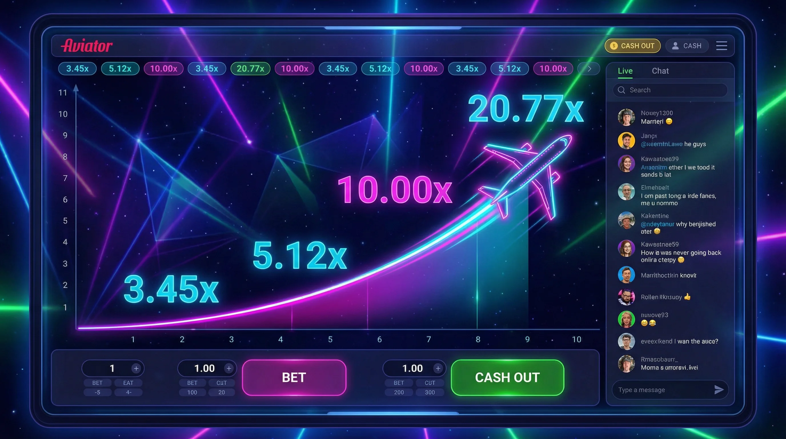 Juego Aviator con avión despegando y multiplicadores